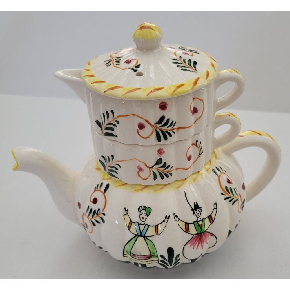 3 pc. Tea for One Hand-Painted Dutch Boy & Girl Pot Creamer Cup Lid Stacking
